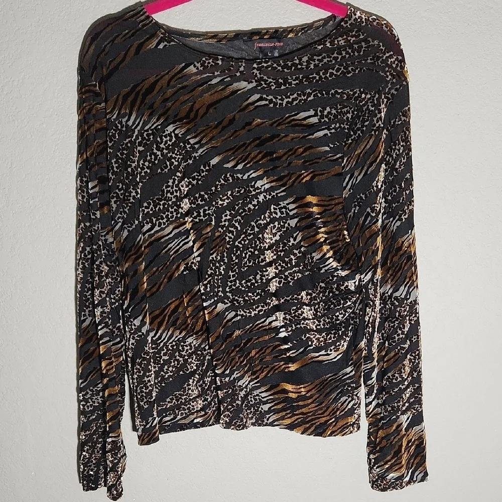 Francesca Rose Top Animal Print Long Sleeve Top blouse size L see-through it